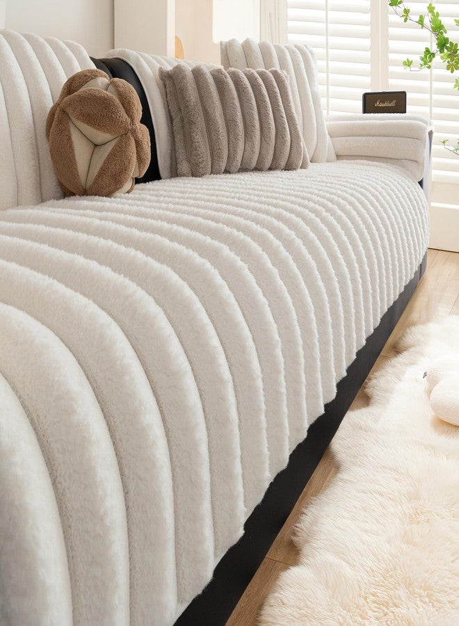 XSlive Faux Rabbit Fur Couch Sofa Cover Washable, Shaggy Fuzzy Sectional Couch Cover, Stripe Non-Slip Soft Plush Sofa Slipcover Furniture Protector for Dogs, Pets (Ivory,28"x28") - Image 1